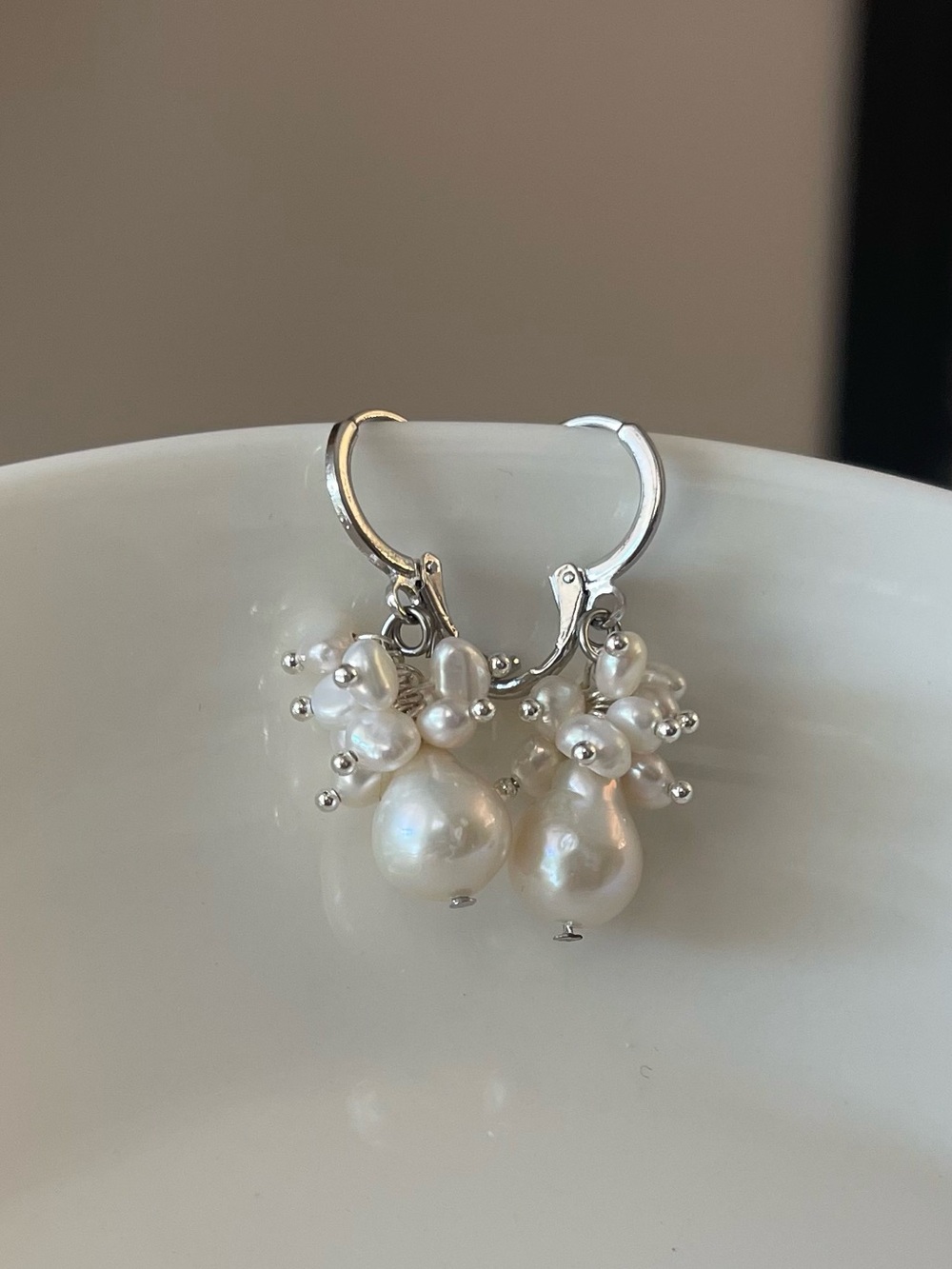White Freshwater Pearl Cluster Drop Earrings Silver plated